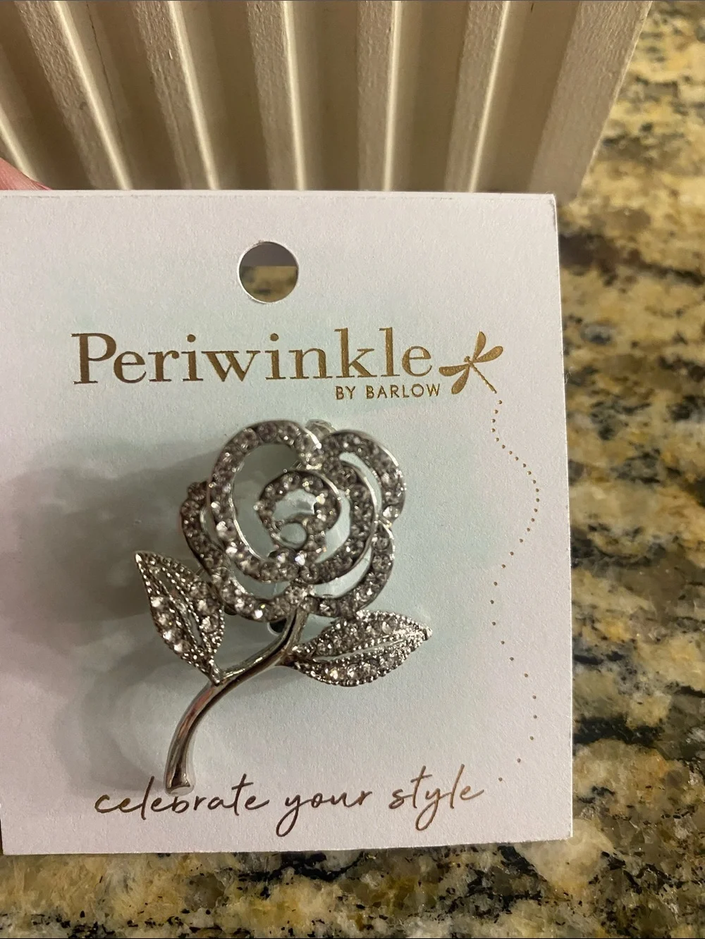 Periwinkle by Barlow Silver Rose Crystal Brooch about 1 3/4 in long NWT
